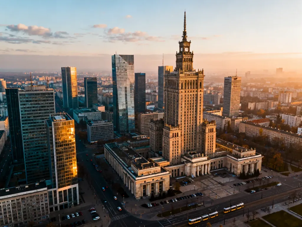 Panorama nowoczesnych wieżowców Warszawy o złotej godzinie z dominującym Pałacem Kultury i Nauki, no text on the picture