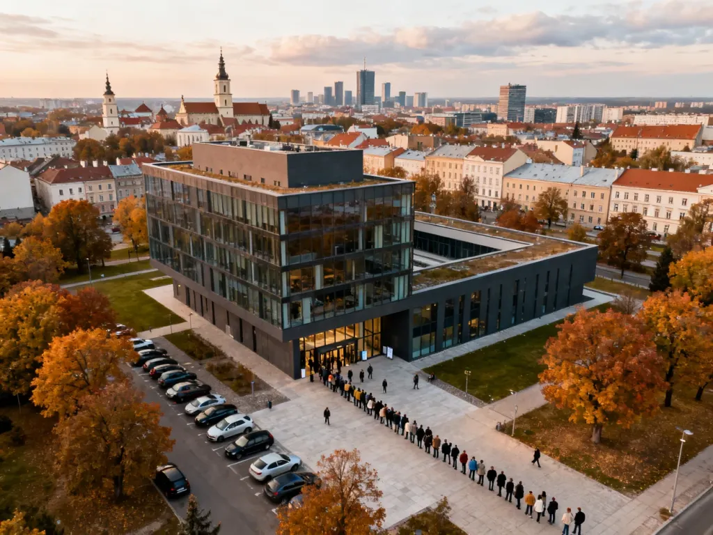 Kolejka ludzi przed nowoczesnym budynkiem urzędu pracy w Lublinie, w tle panorama miasta, no text on the picture
