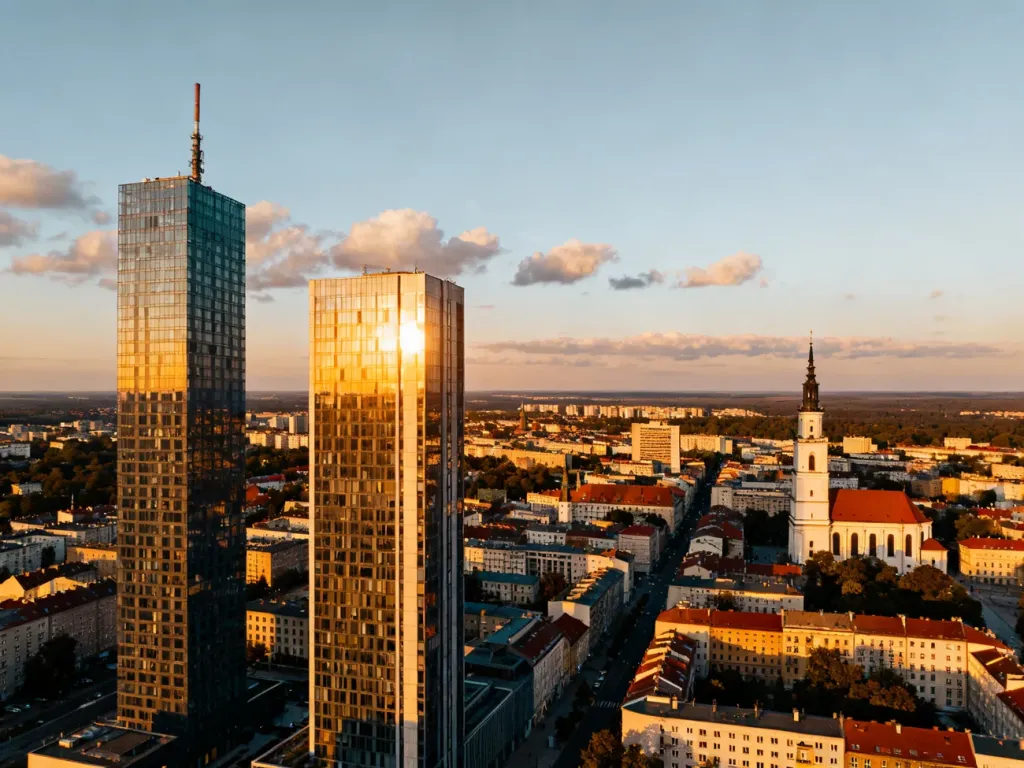 Panorama Poznania o zachodzie słońca z wyróżnionymi najwyższymi wieżowcami na tle niższej, historycznej zabudowy, no text on the picture