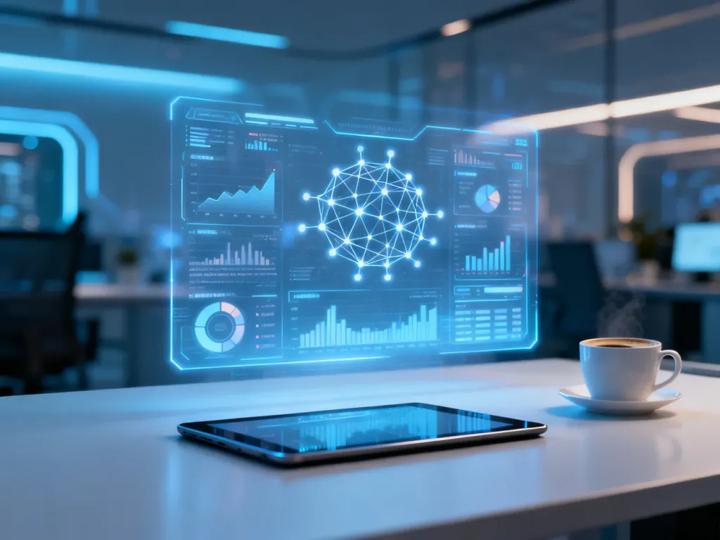 Nowoczesne biuro z hologramem prezentującym dane, symbolizujące zaawansowane zarządzanie procesami w systemie ERP.